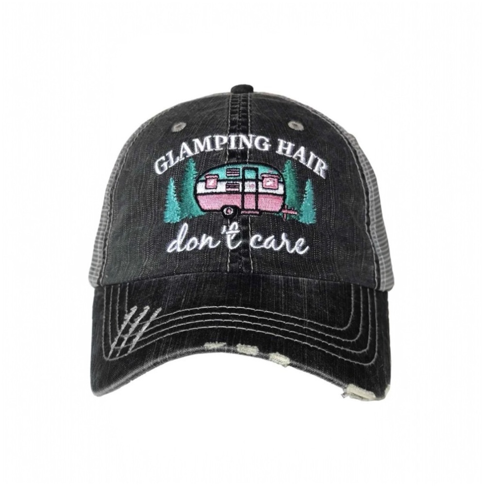 Glamping Hair Don’t Care Women’s Katydid Distressed Trucker Hat NEW